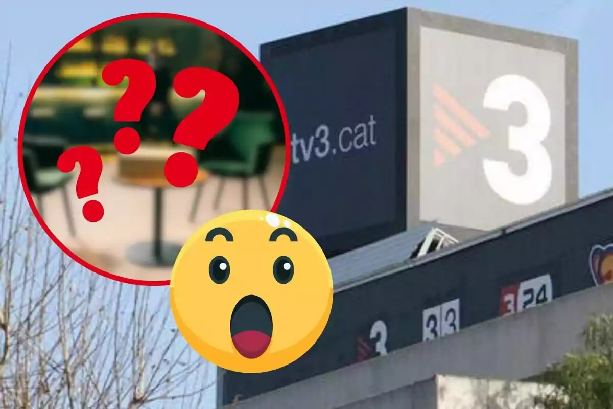 Un edifici amb el logotip de TV3 i un emoji sorprès al costat d´un cercle vermell amb signes d´interrogació.