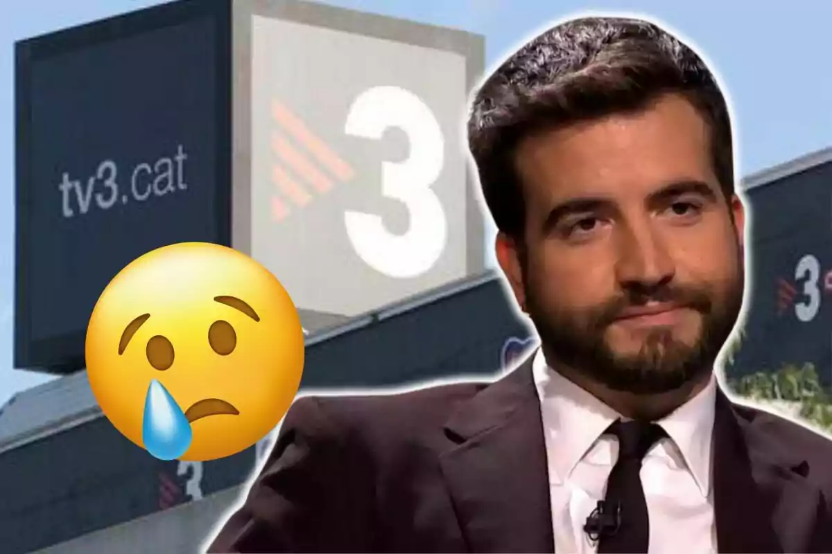 Muntatge de RIcard Ustrell, els estudis de TV3 i una emoticona plorant