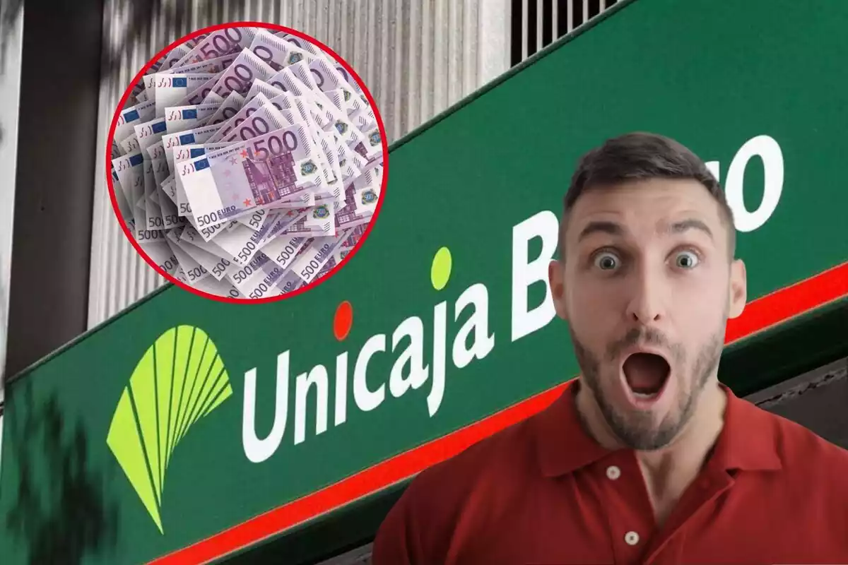 Muntatge del logotip d'Unicaja, un home sorprès i diversos bitllets