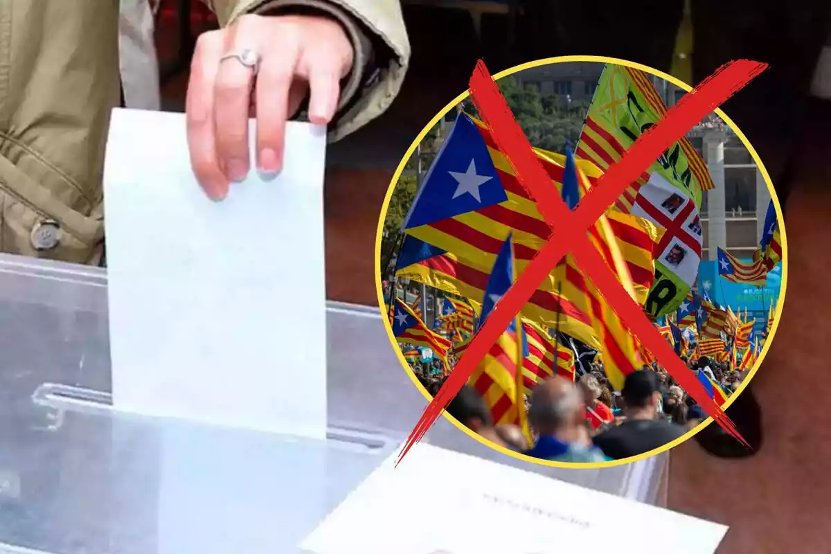Muntatge d'una persona votant i una manifestació independentista titllada