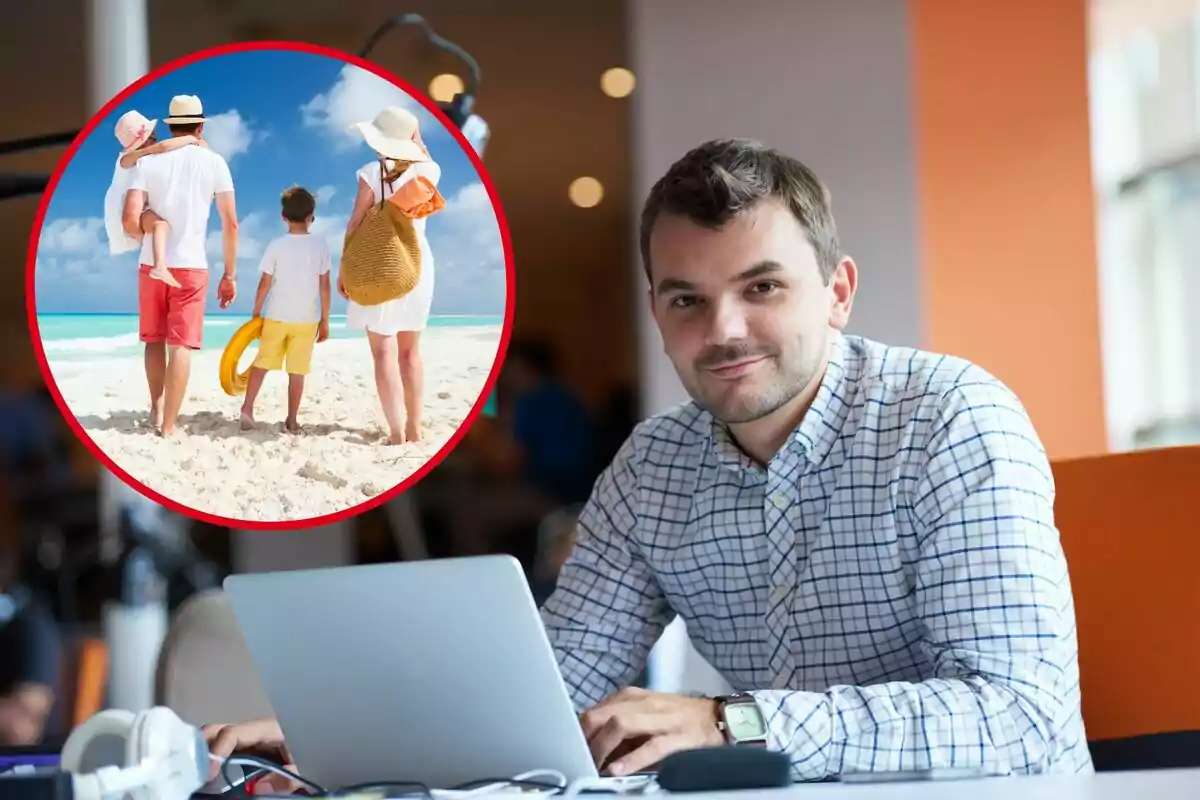 Un home treballa davant de l'ordinador, i al cercle, una família a la platja
