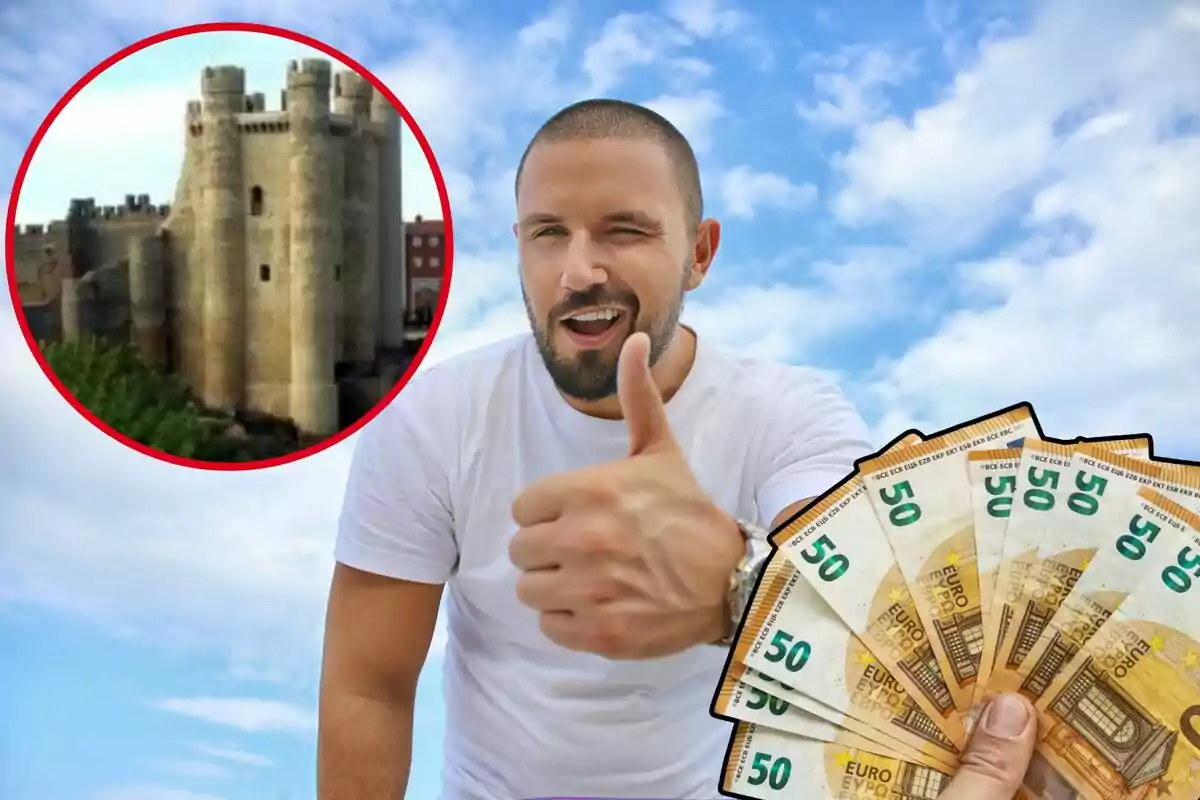 Un home amb el polze enlaire i pica l'ullet, amb diversos bitllets de 50 euros a l'extrem inferior dreta, i al cercle, un castell de València de Don Juan
