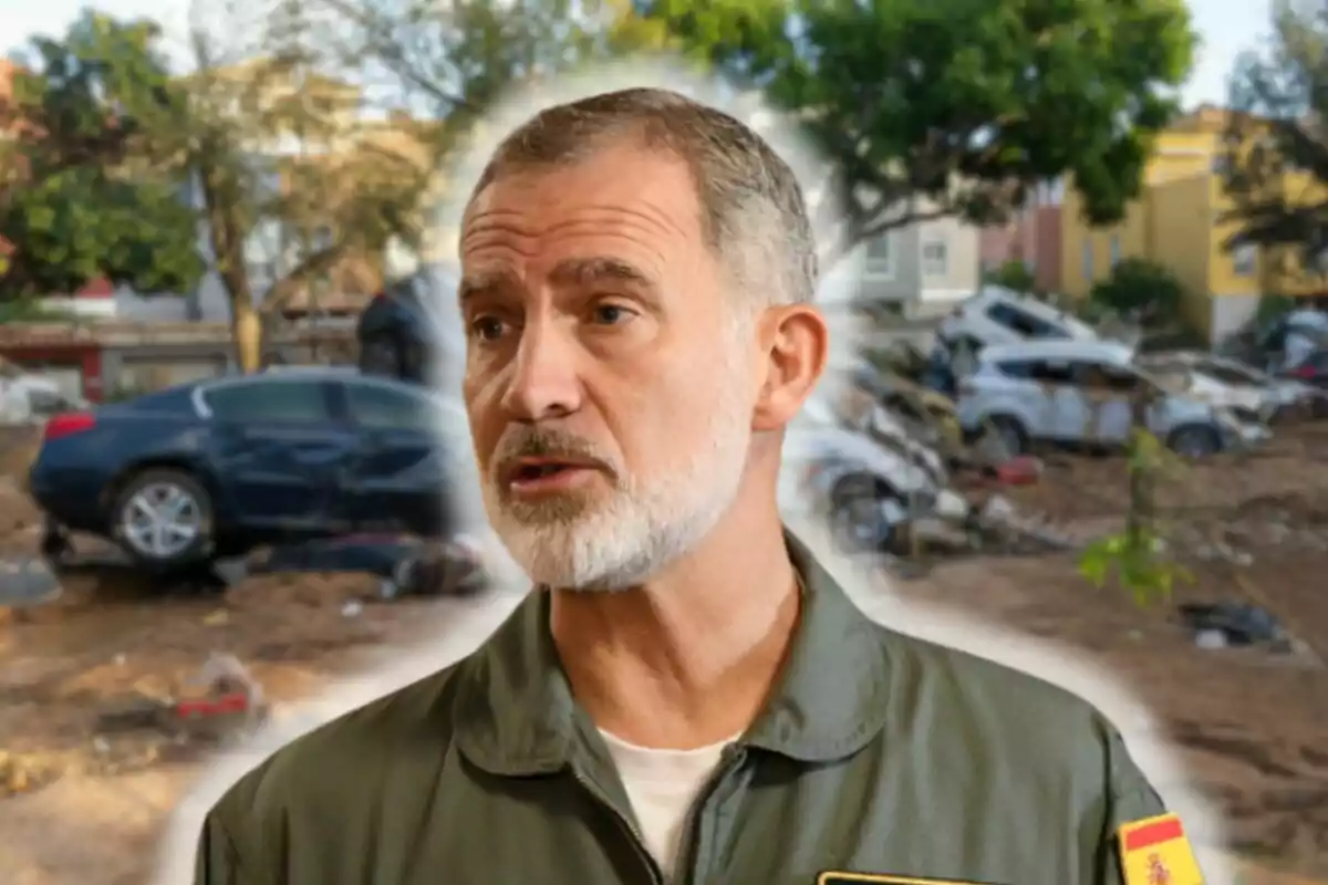 Felipe VI in military uniform stands in front of a background of damaged cars and trees.