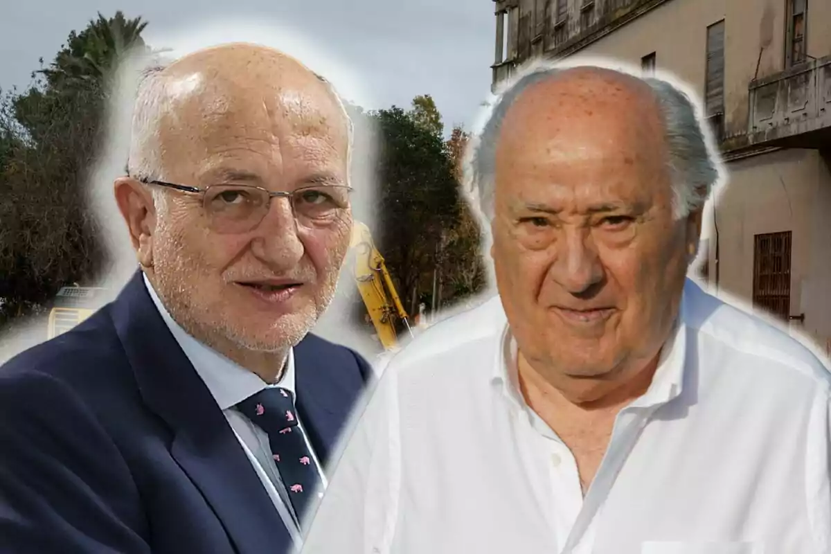 Juan Roig i Amancio Ortega amb vestits formals posen davant un fons urbà.