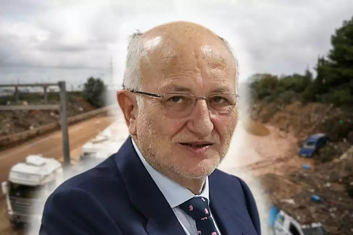 Juan Roig wearing glasses and a suit&#39;s superimposed on a background of a dirt road with trees and vehicles.