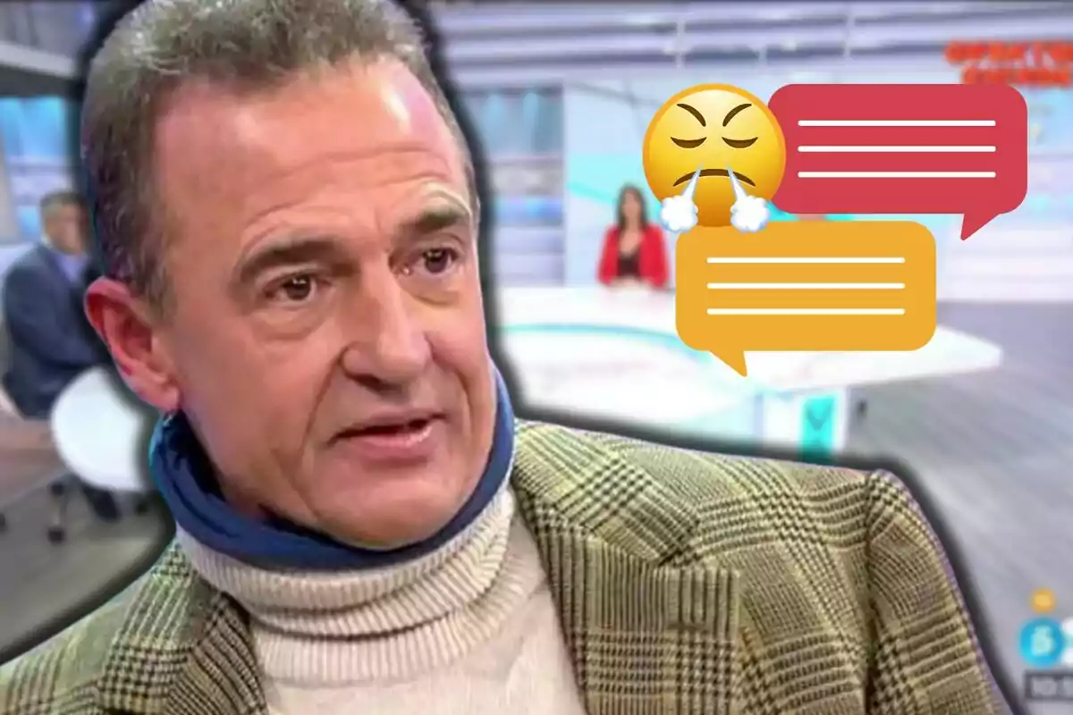 Alessandro Lequio with a serious expression in a television studio with conversation and anger emojis overlaid.