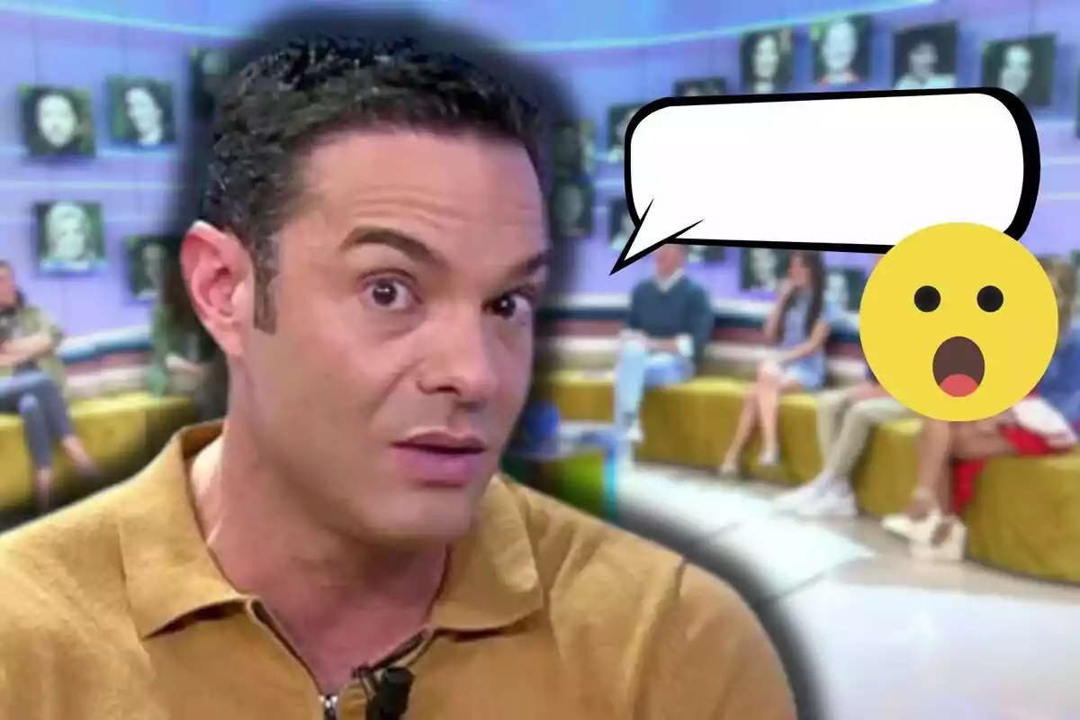 Antonio Rossi with a surprised expression on a television show with a surprised face emoji and an empty speech bubble.