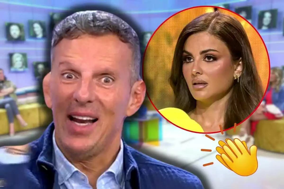 Joaquín Prat with a surprised expression in a television studio and Alexia Rivas in a red circle with a serious expression, joined by a clapping emoji.