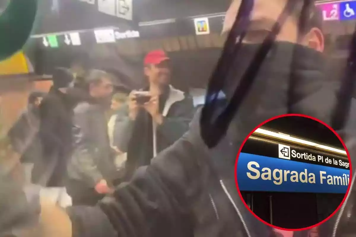 Muntatge d´home vanditzant metro de Barcelona i cercle amb cartell de sortida de l´estació de Sagrada Família