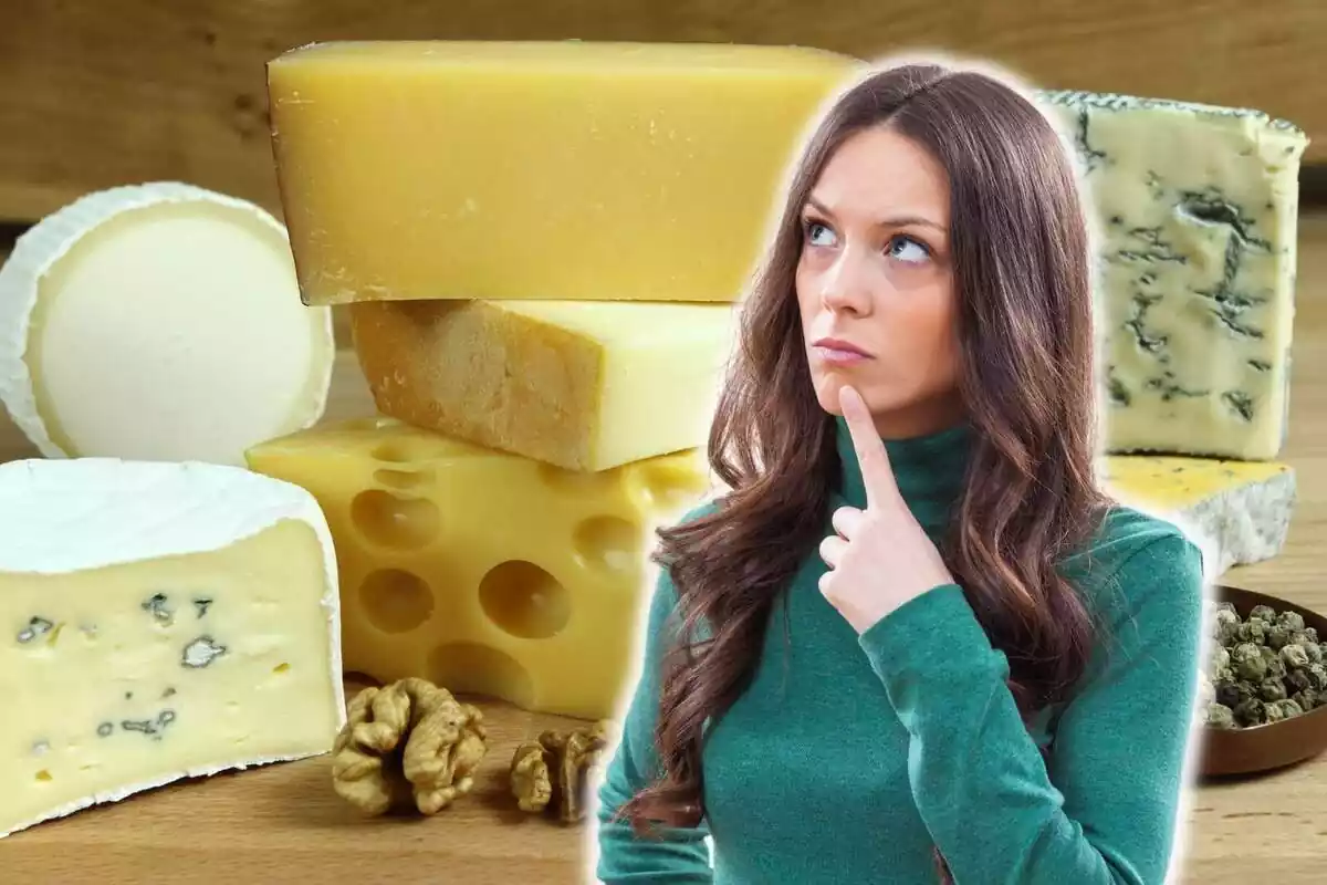 Muntatge amb diversos formatges de fons i una dona amb cara d'estar pensant