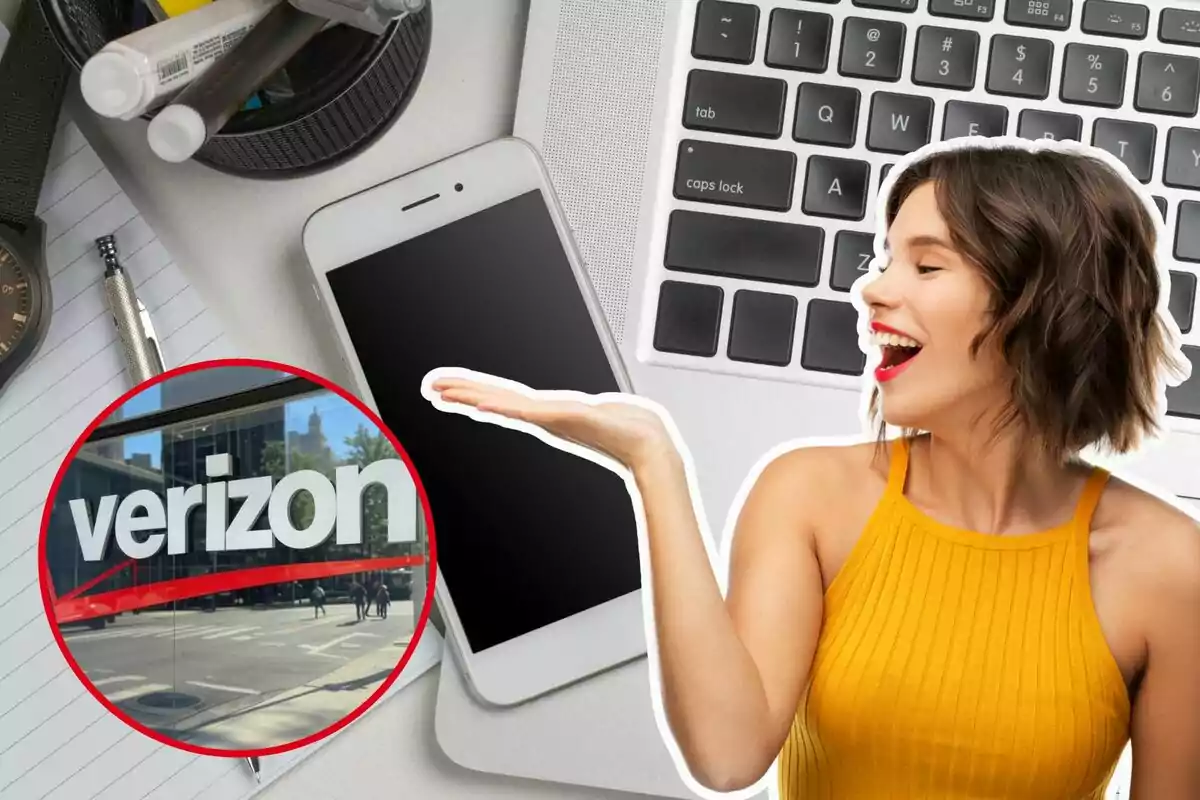 Una mujer sonriente con un vestido amarillo gesticula hacia un teléfono móvil sobre un teclado de computadora y una imagen del logo de Verizon.