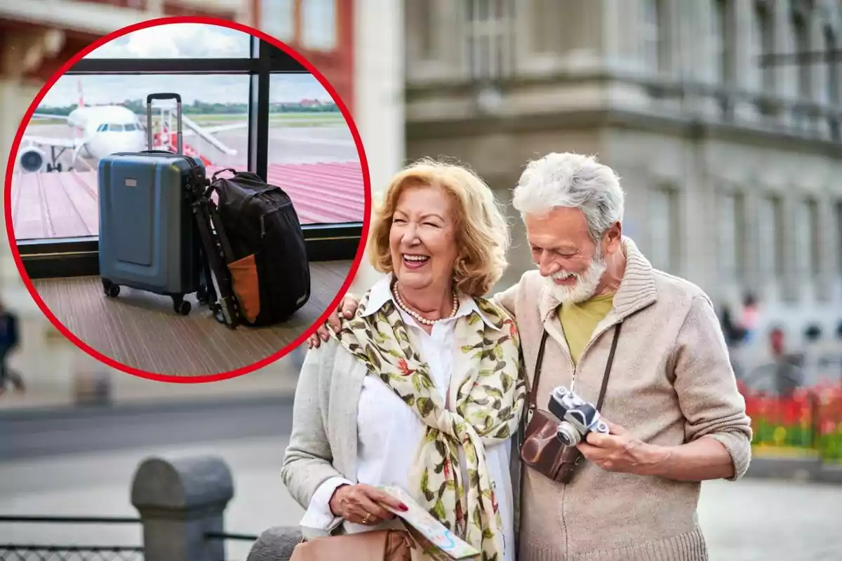 Una parella de gent gran somriu mentre passeja per la ciutat, amb una imatge inserida d'equipatge a un aeroport.