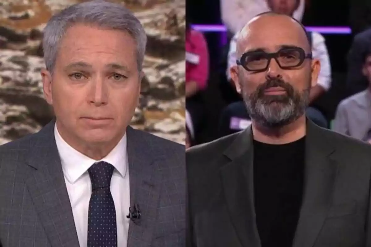 Vicente Vallés amb expressió seriosa a Antena 3 Notícies a l'esquerra amb Risto Mejide amb cara neutra a DEMOS: El Gran Sondeig a la dreta.