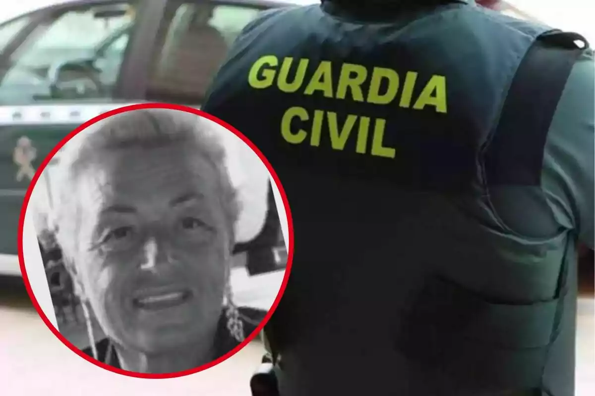 Un agente de la Guardia Civil de espaldas con un chaleco que tiene el texto "Guardia Civil" y un recuadro con la imagen en blanco y negro de una persona mayor.