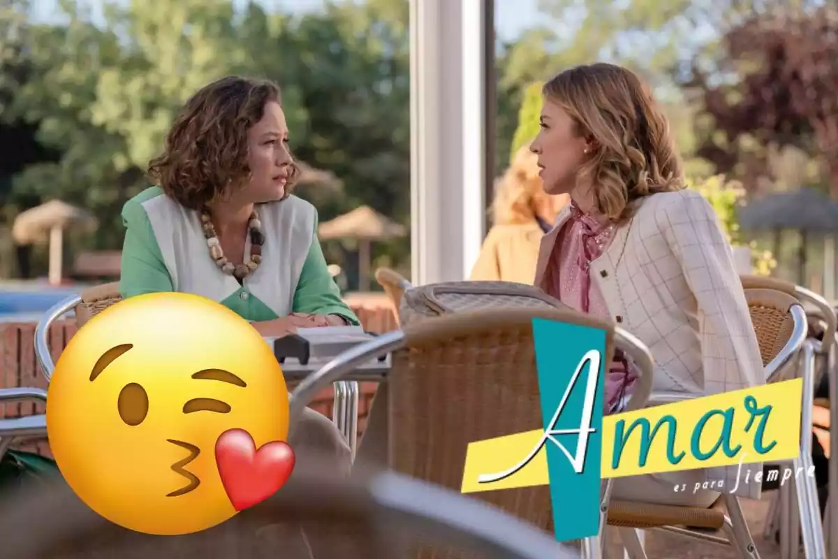 Muntatge d'Alícia i Victòria d''Amar es para siempre' assegudes en una terrassa d'un bar, el logotip de la sèrie i un emoji d'un petó