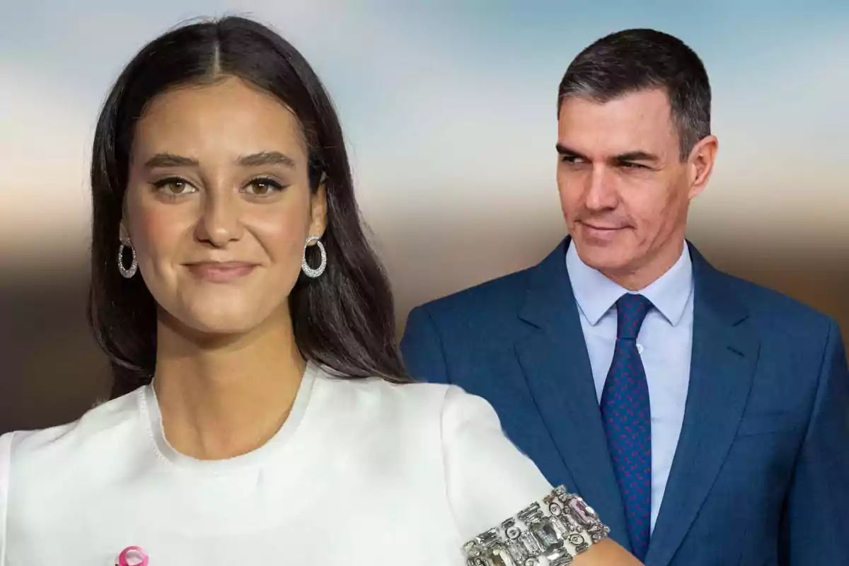 Pedro Sánchez y Victoria Federica posen juntes, una dona amb vestit blanc i un home amb vestit blau.