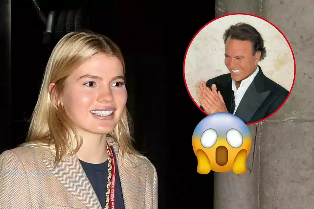 Victoria Iglesias sonriente con una imagen de Julio Iglesias aplaudiendo en un círculo rojo y un emoji de sorpresa.