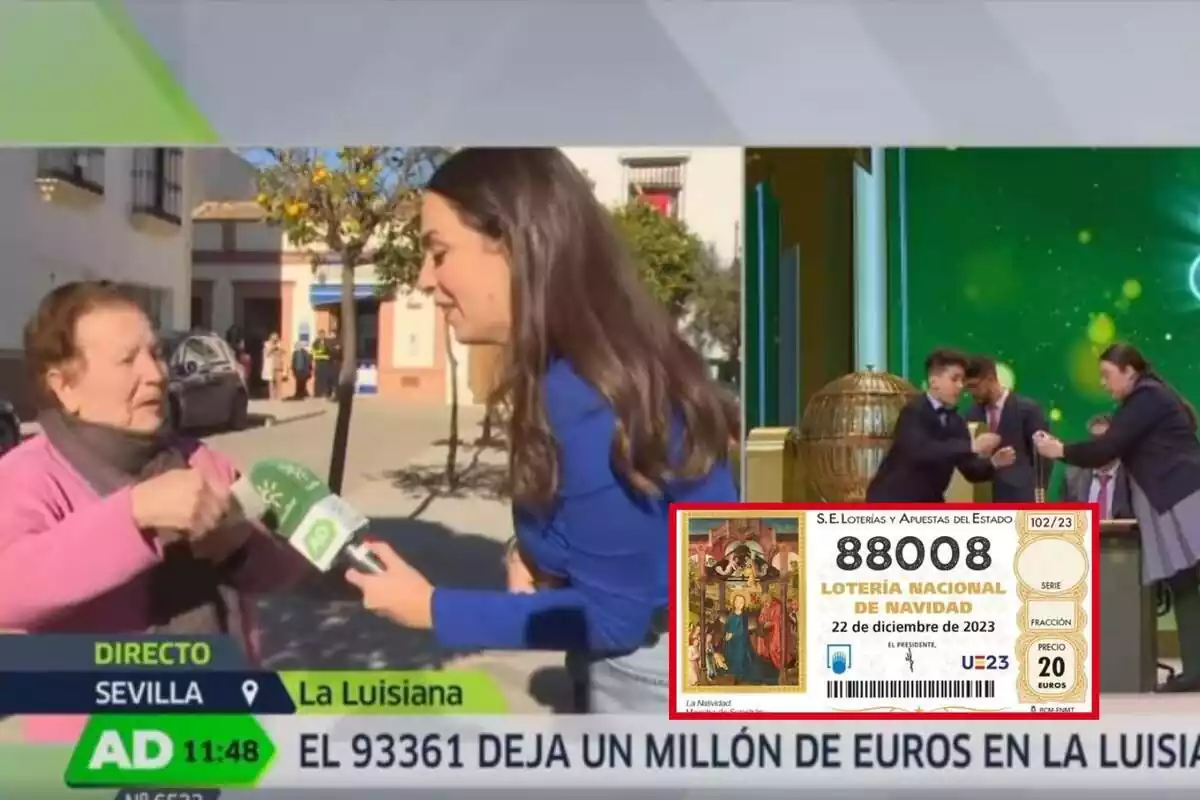 Muntatge d'una captura del vídeo de Facebook d'Andalusia Directe on entrevisten una dona pel carrer que s'acaba d'assabentar que ha guanyat la Loteria de Nadal, al costat de la retransmissió del sorteig i una foto del número guanyador