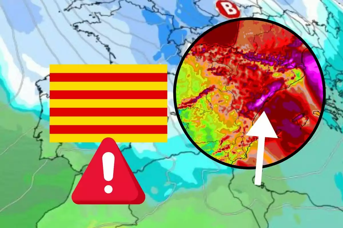 Mapa meteorològic amb alerta a Catalunya mostrant un augment significatiu de temperatures a la regió.