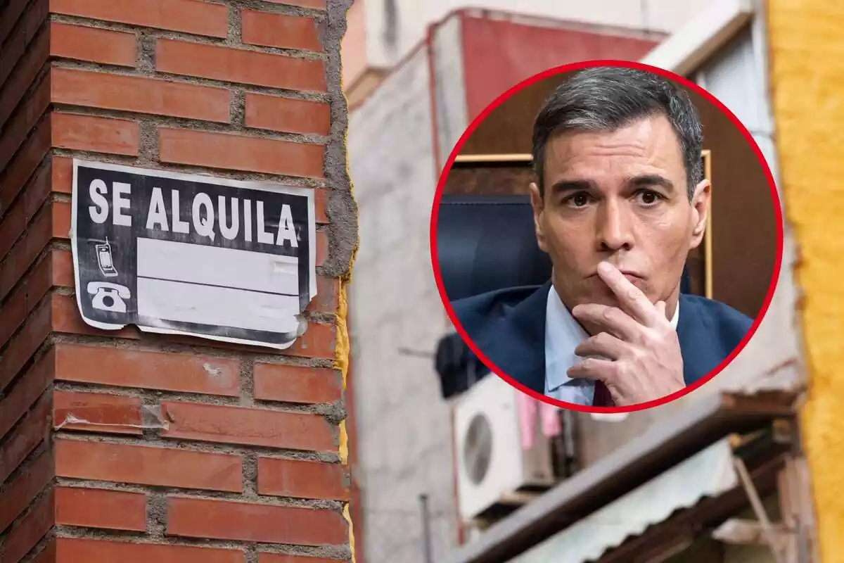 Muntatge amb Pedro Sánchez i un cartell de vivenda de lloguer