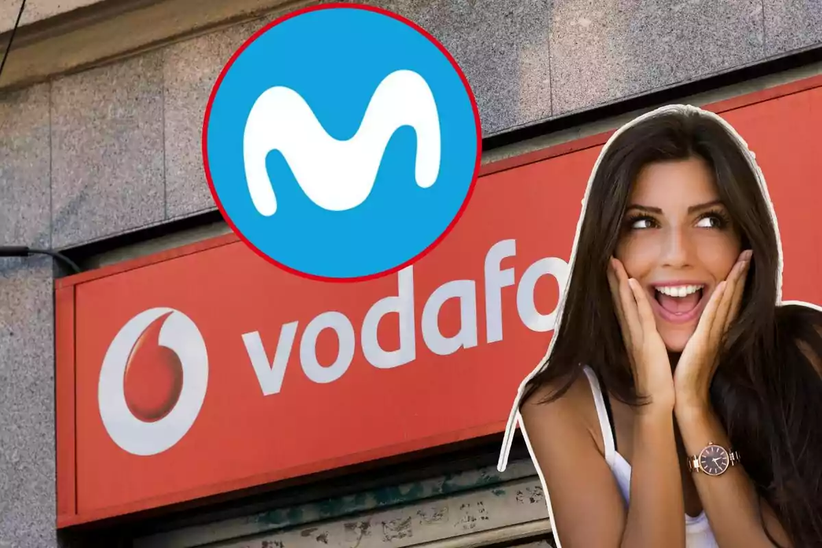 Un rètol de Vodafone, amb una noia amb gest de sorpresa, i el logo de Movistar al cercle