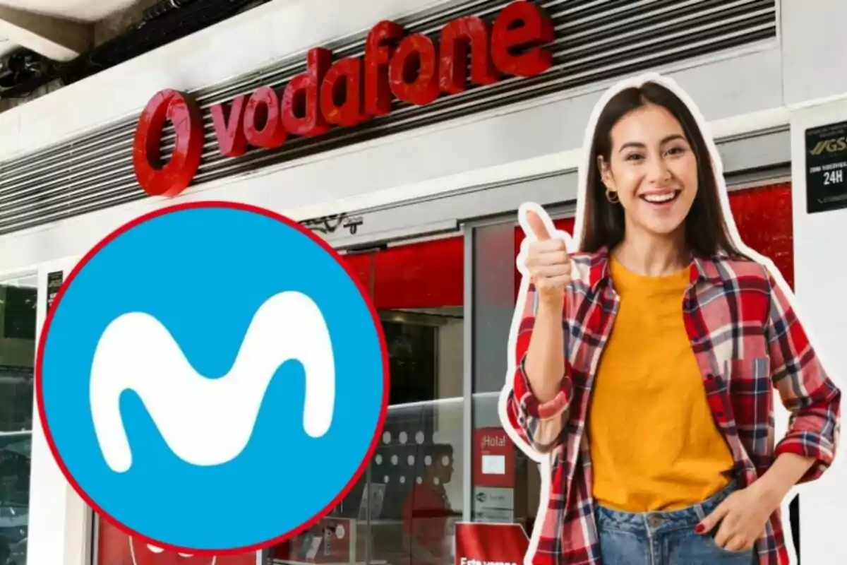 Una dona somrient amb el polze cap amunt davant d'una botiga de Vodafone, amb el logotip de Movistar superposat en primer pla.