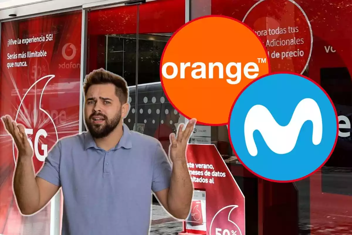 Un home amb gest de queixa, amb una botiga de Vodafone al fons i en dos cercles, els logos d'Orange i Movistar