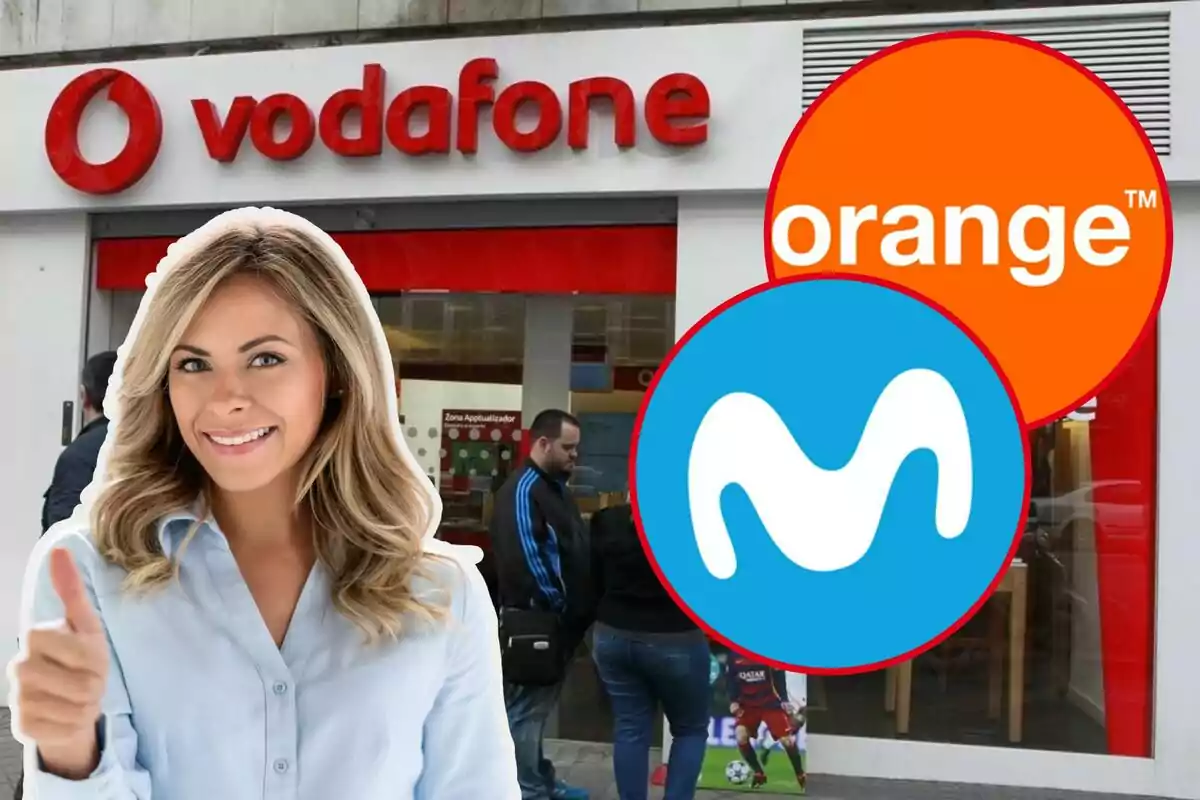 Una dona somrient amb polze a dalt davant d'una botiga de Vodafone amb els logotips d'Orange i Movistar superposats.