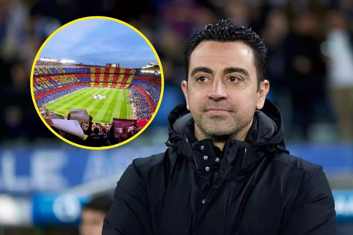 Muntatge de Xavi en pla mig curt mirant el Camp Nou