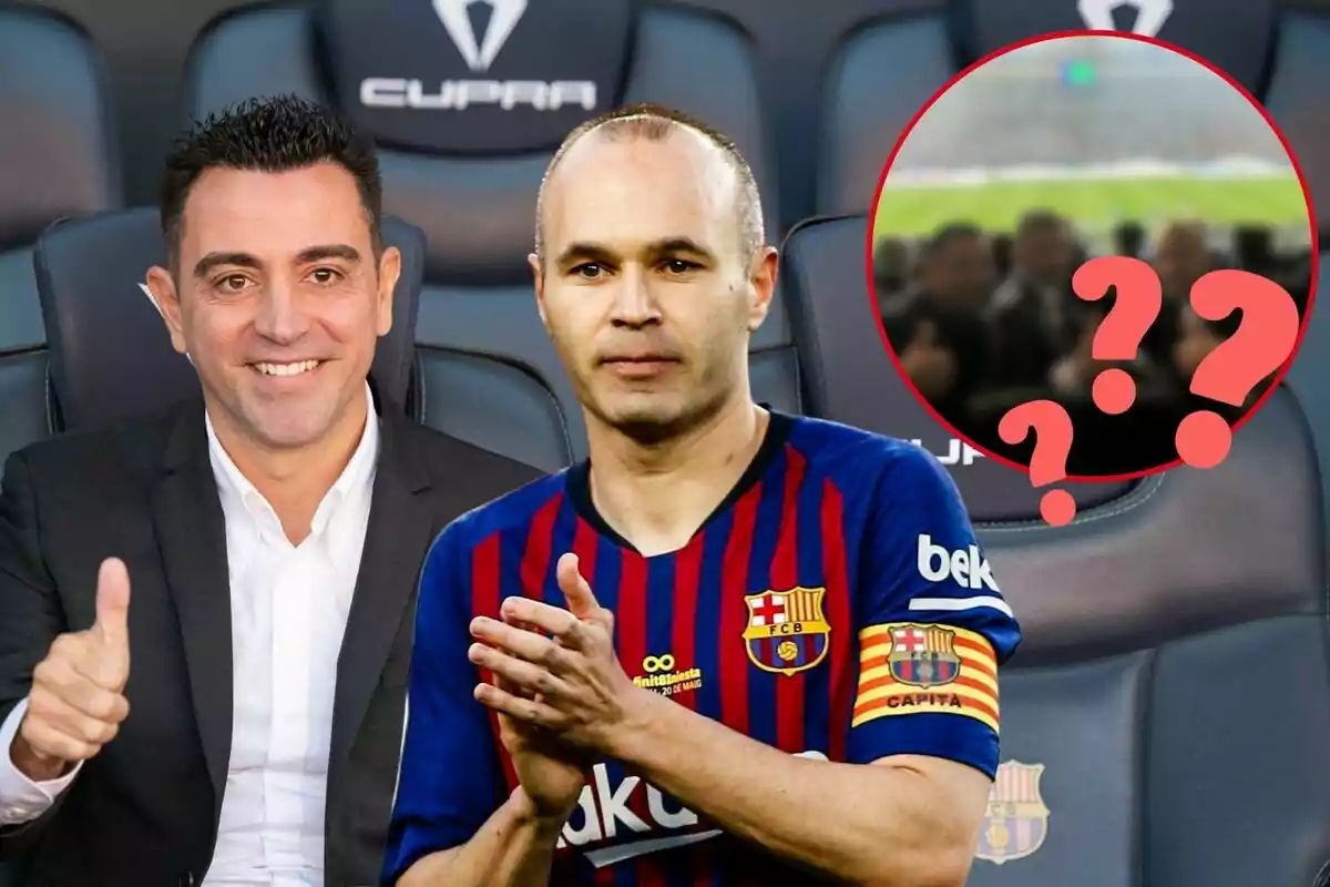 Xavi Hernández i Andrés Iniesta posant, Xavi amb un polze cap amunt i Andrés aplaudint, amb un fons de seients d'estadi i un cercle vermell amb signes d'interrogació.