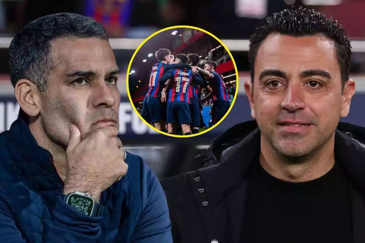 Muntatge de Xavi i Rafa Márquez mirant al Barça Atlètic celebrant