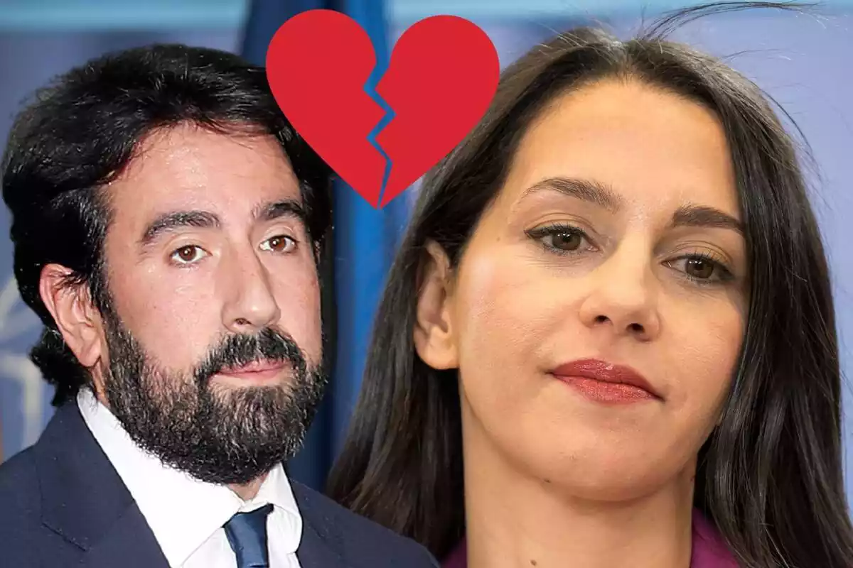 Muntatge de Xavier Cimas, exmarit d'Inés Arrimadas, i Inés Arrimadas seriosos amb un cor trencat