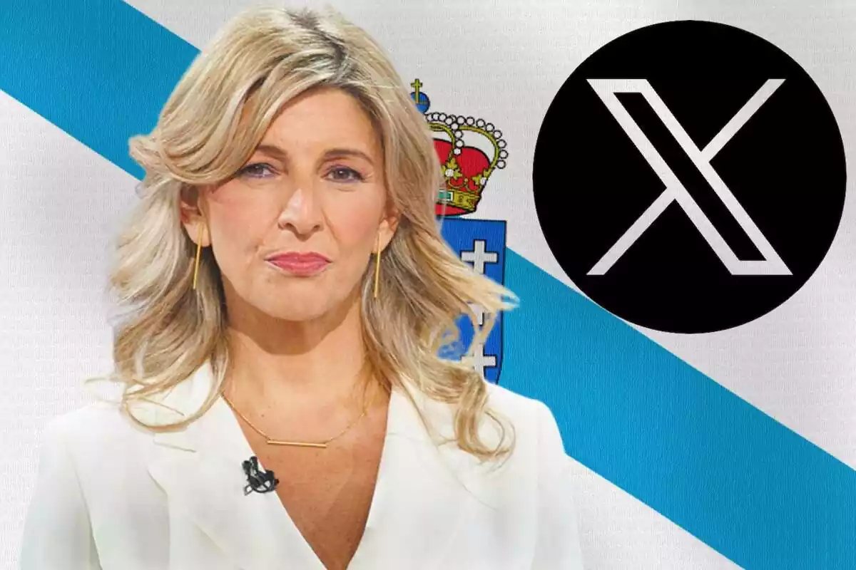 Muntatge de Yolanda Díaz, amb la bandera de galicia i el logo de X