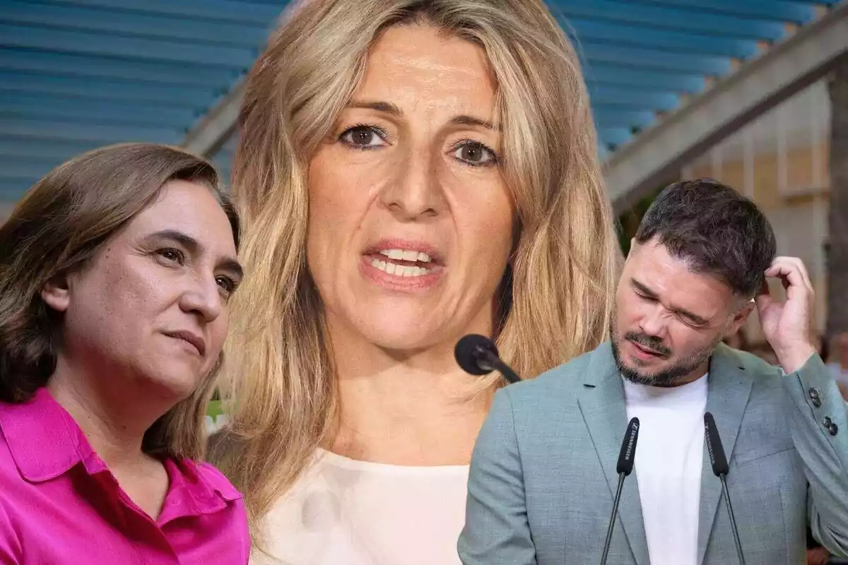 Muntatge amb un primer pla gran de Yolanda Díaz amb cara de preocupació i dos primers plans mitjans d'Ada Colau amb cara de precupació i Gabriel Rufián gratant-se el cap