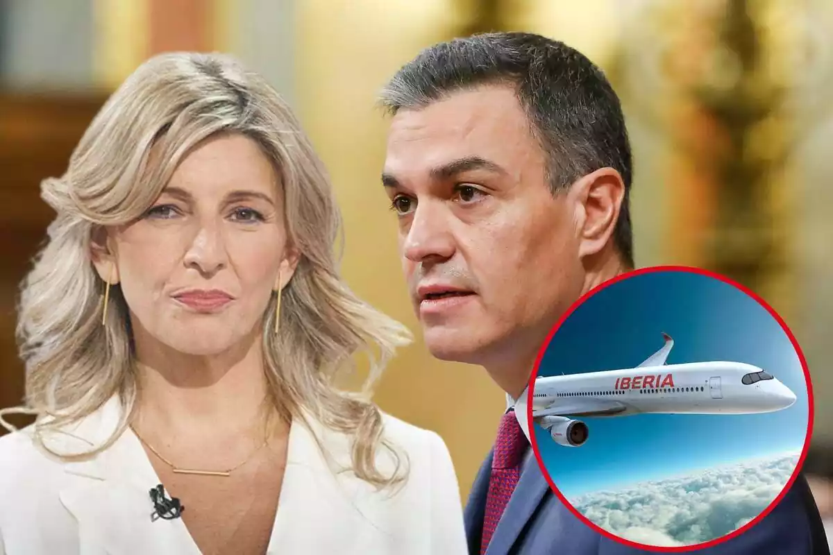 Muntatge de Yolanda Díaz amb rostre neutre, Pedro Sánchez de perfil seriós i un avió d'Iberia