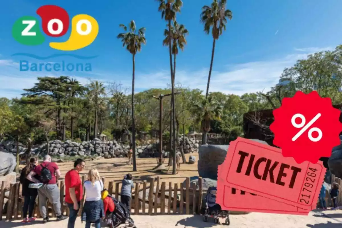 Muntatge amb el Zoo de Barcelona, el seu logotip, uns tiquets vermells i un signe de per cent