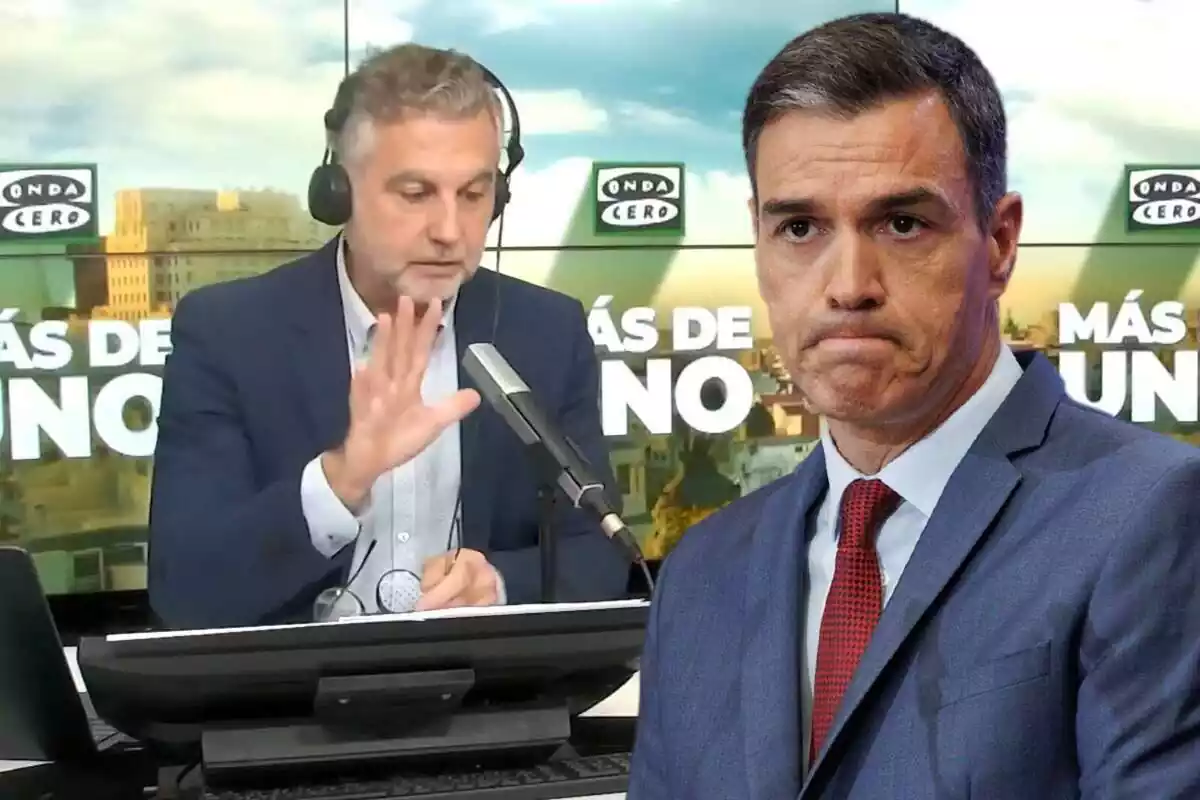 fotomuntatge amb una captura de pantalla de l'estudi de ràdio de Carlos Alsina amb Pedro Sánchez amb cara de sorpresa i preocupació