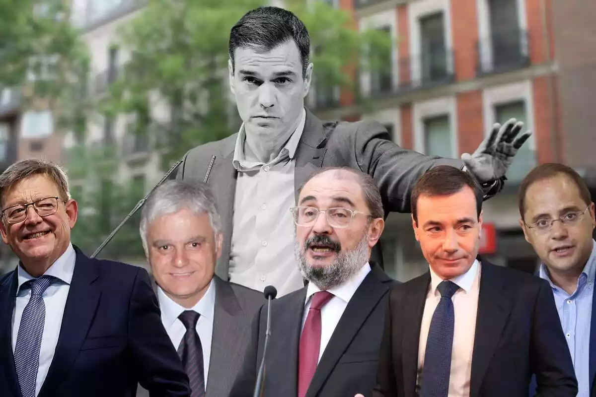 Motatge amb les fotos dels barons del PSOE Ximo Puig, José Miguel Pérez, Javier Lambán, Tomás Gémez i Cesar Luena, amb el president Pedro Sánchez de fons