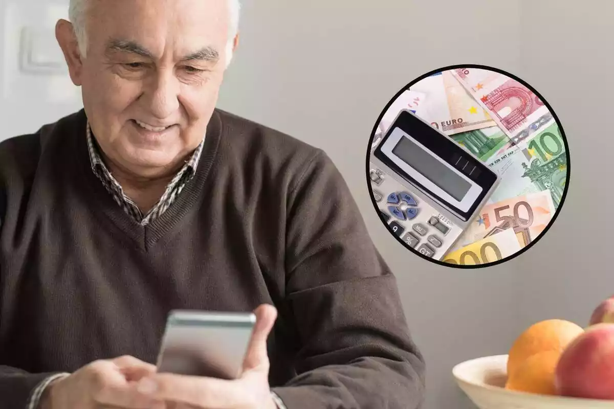 Muntatge d'un home gran amb un telèfon mòbil i al costat dret un marc amb una imatge de diversos bitllets d'euro i una calculadora