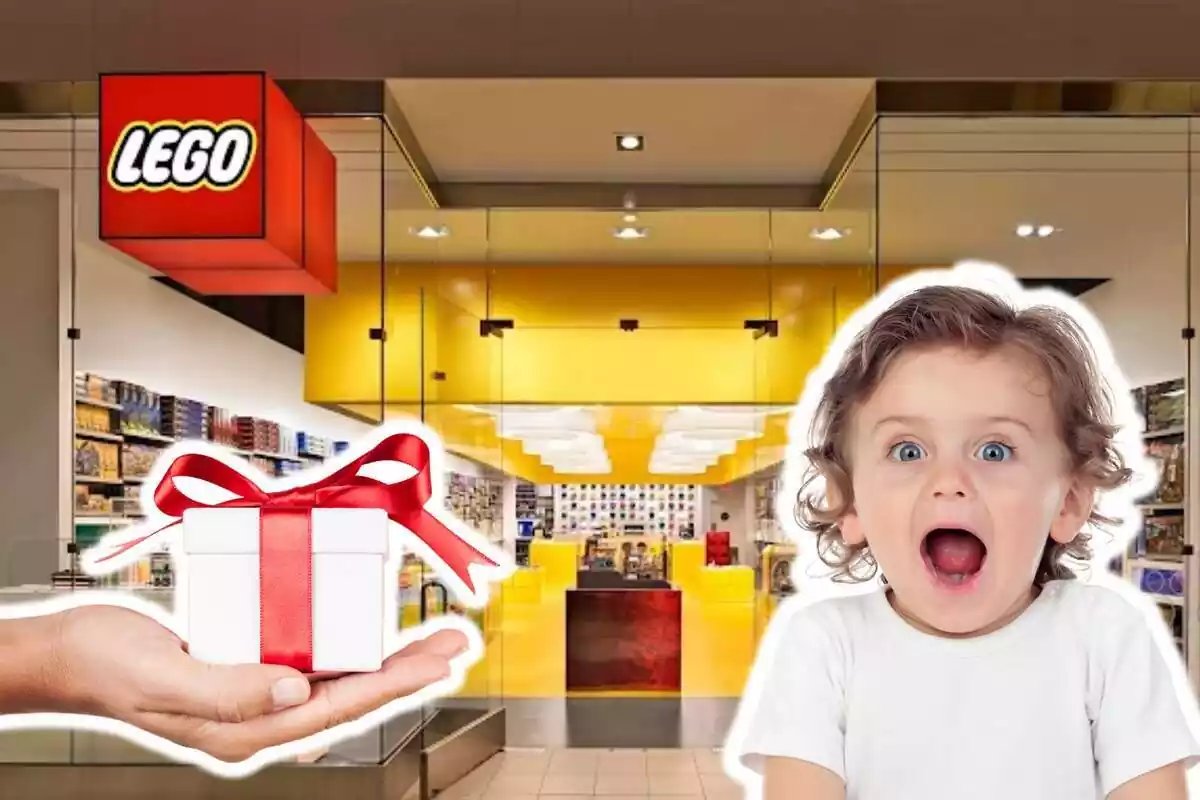 Muntatge de fotos de l´entrada d´una botiga llec i, al costat, la imatge d´un nen amb rostre de sorpresa i una mà subjectant un regal