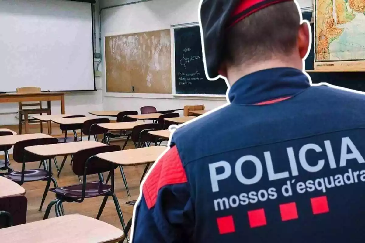 Imatge on es pot veure un agent dels Mossos d'Esquadra d'esquena al costat d'una escola