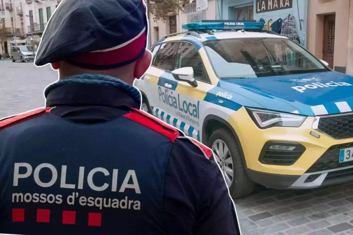 Imatge d´un Mosso d´Esquadra d´esquena davant d´un cotxe de la Policia Local a la Bisbal d´Empordà