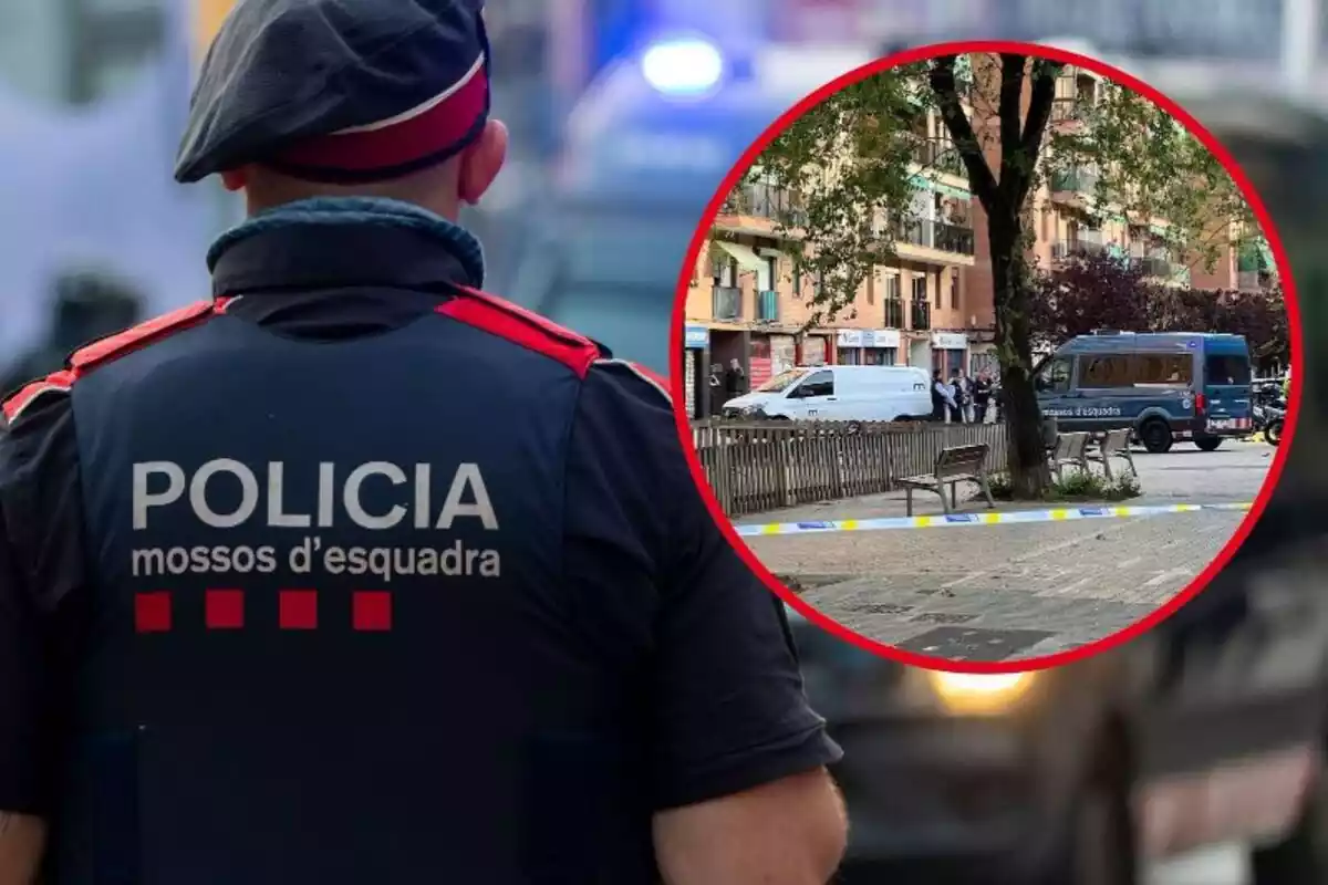 Imatge de fons d'un agent dels Mossos d'Esquadra, amb una altra imatge d'una escena de tiroteig a Barcelona, al barri del Bèsos, amb agents dels Mossos