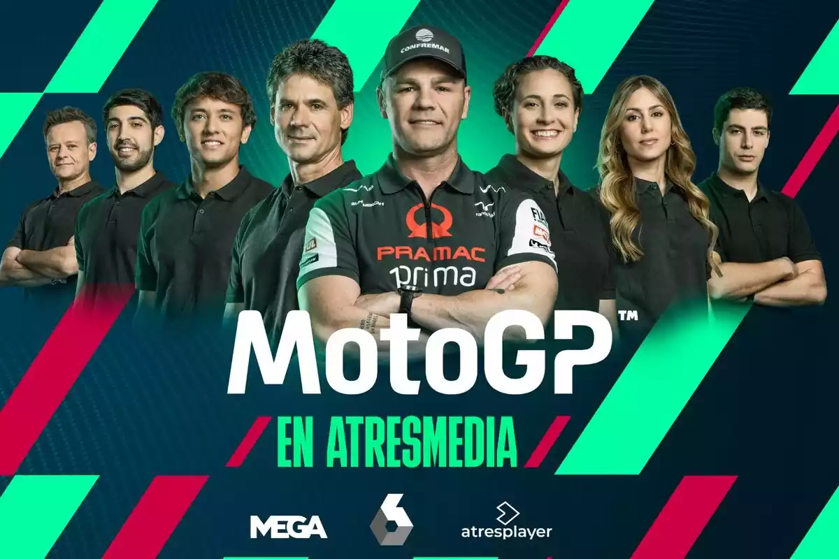 Creativitat amb els presentadors de la MotoGP a Atresmedia: Isabel Romero, Darío Montero, Víctor Lluch, Àlex Crivillé, Fonsi Nieto, Ana Carrasco, Gonzalo de Martorell i Álvaro Jiménez