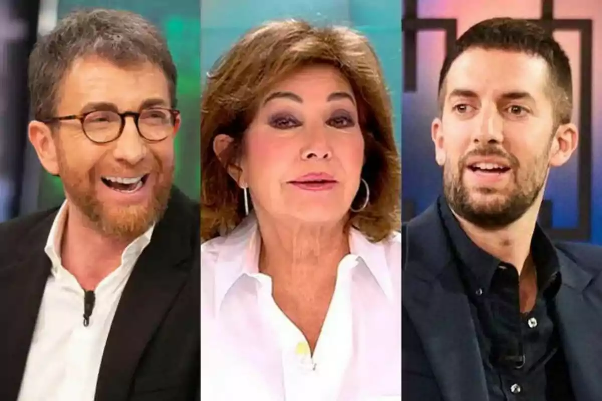 Pablo Motos en El Hormiguero, Ana Rosa Quintana en El Programa de Ana Rosa y David Broncano en La Revuelta, cada una en un recuadro separado, con expresiones faciales diferentes.