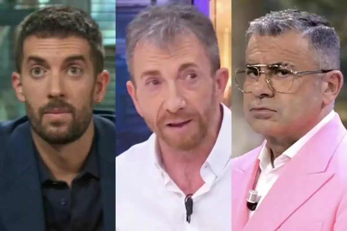 Tres homes en un collage, David Broncano a La Revuelta, Pablo Motos a El Hormiguero i Jorge Javier Vázquez a Supervivientes, cadascun en un requadre separat, amb expressions facials serioses i diferents estils de vestimenta.