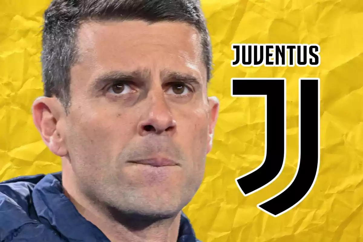 Thiago Motta en primer pla sobre un fons groc i l'escut de la Juventus