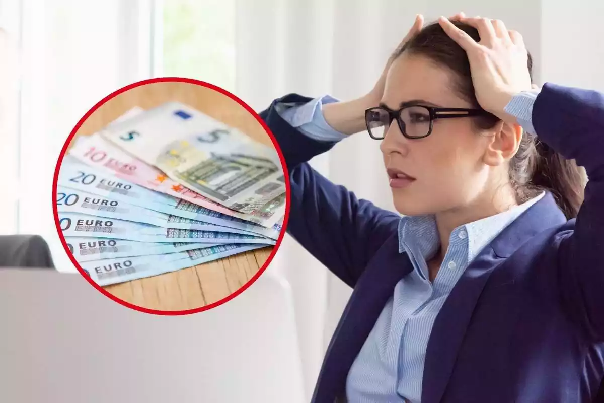 Muntatge amb una dona amb les mans al cap i bitllets d'euro
