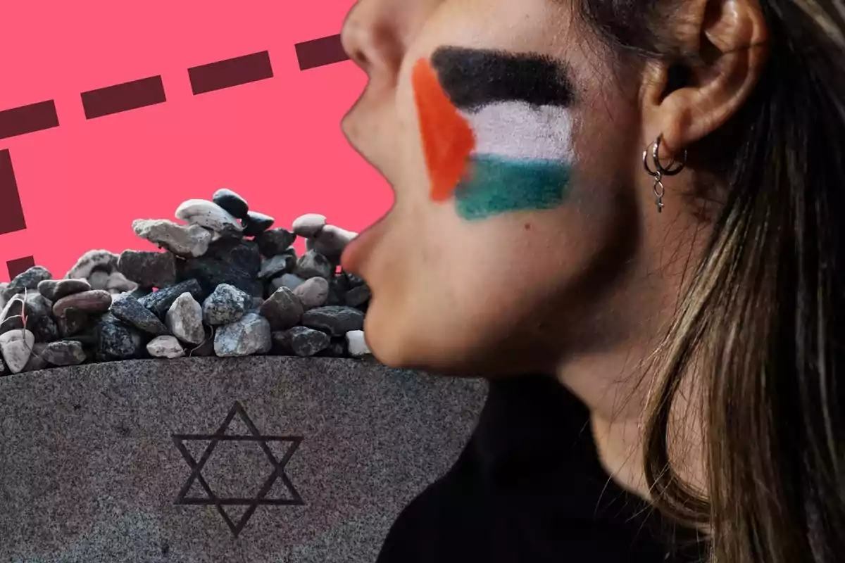 Una persona con la bandera palestina pintada en la mejilla está de perfil frente a un montón de piedras sobre una superficie con una estrella de David grabada, con un fondo rosa.