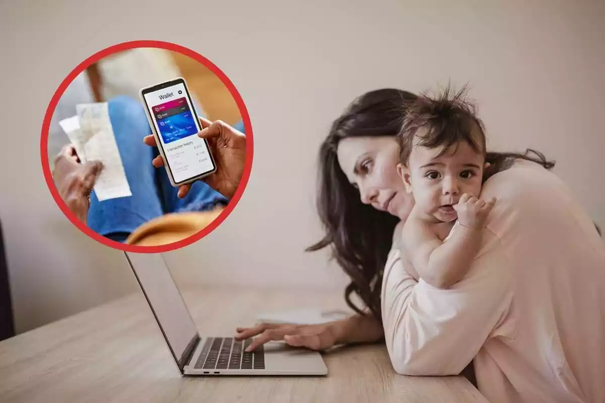 Dona amb nadó mirant per internet i un mòbil amb la ''cartera'' oberta